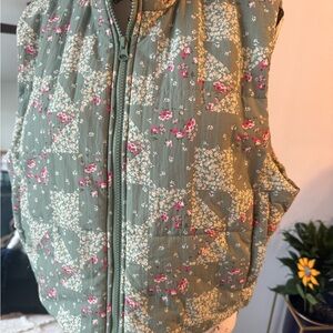 Love Fire Olive Green Floral-Lined Quilted Vest